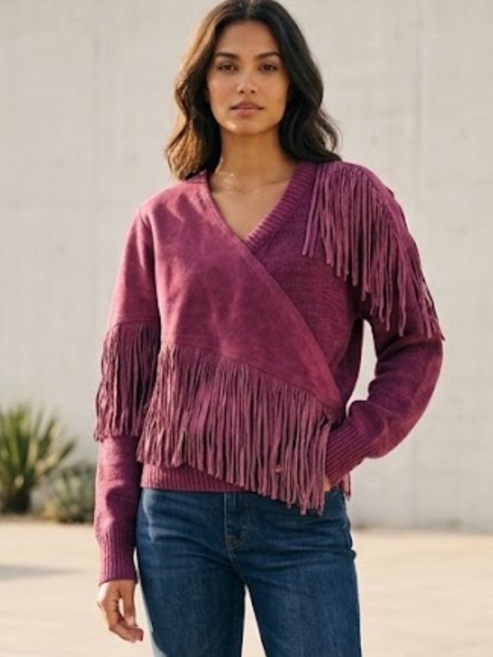 VTG Pioneer Wear Women Medium Sweater Leather Fringe Mauve Western Rodeo Cowgirl
